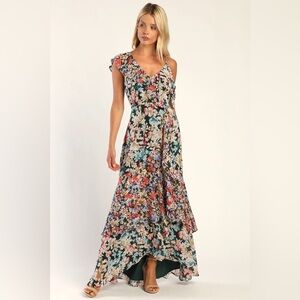 Lulus Radiant Hunter Green Floral Print Chiffon Maxi Dress